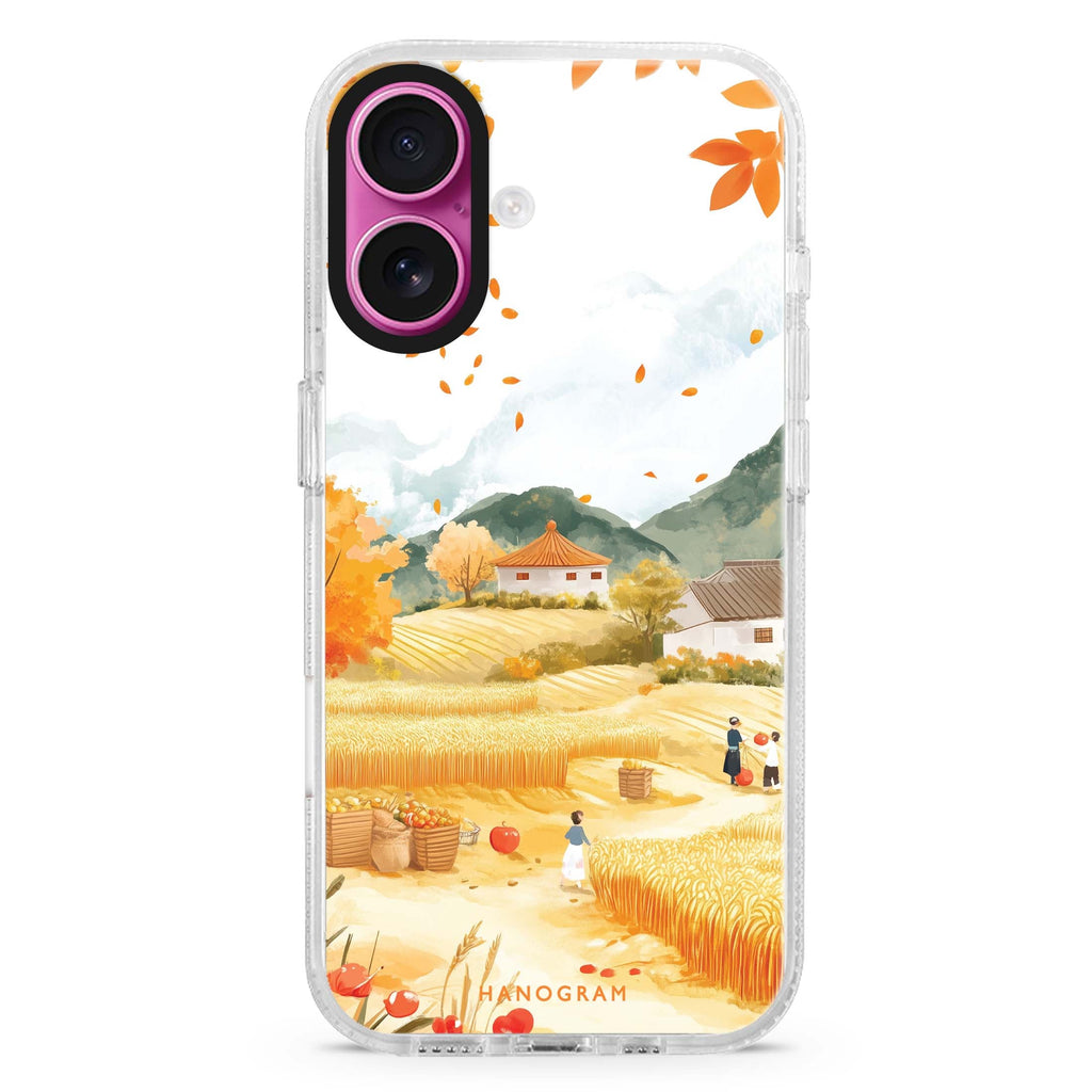 Golden Equinox iPhone 16 and 16 Plus ultra clear case, transparent graphic artwork, front product view