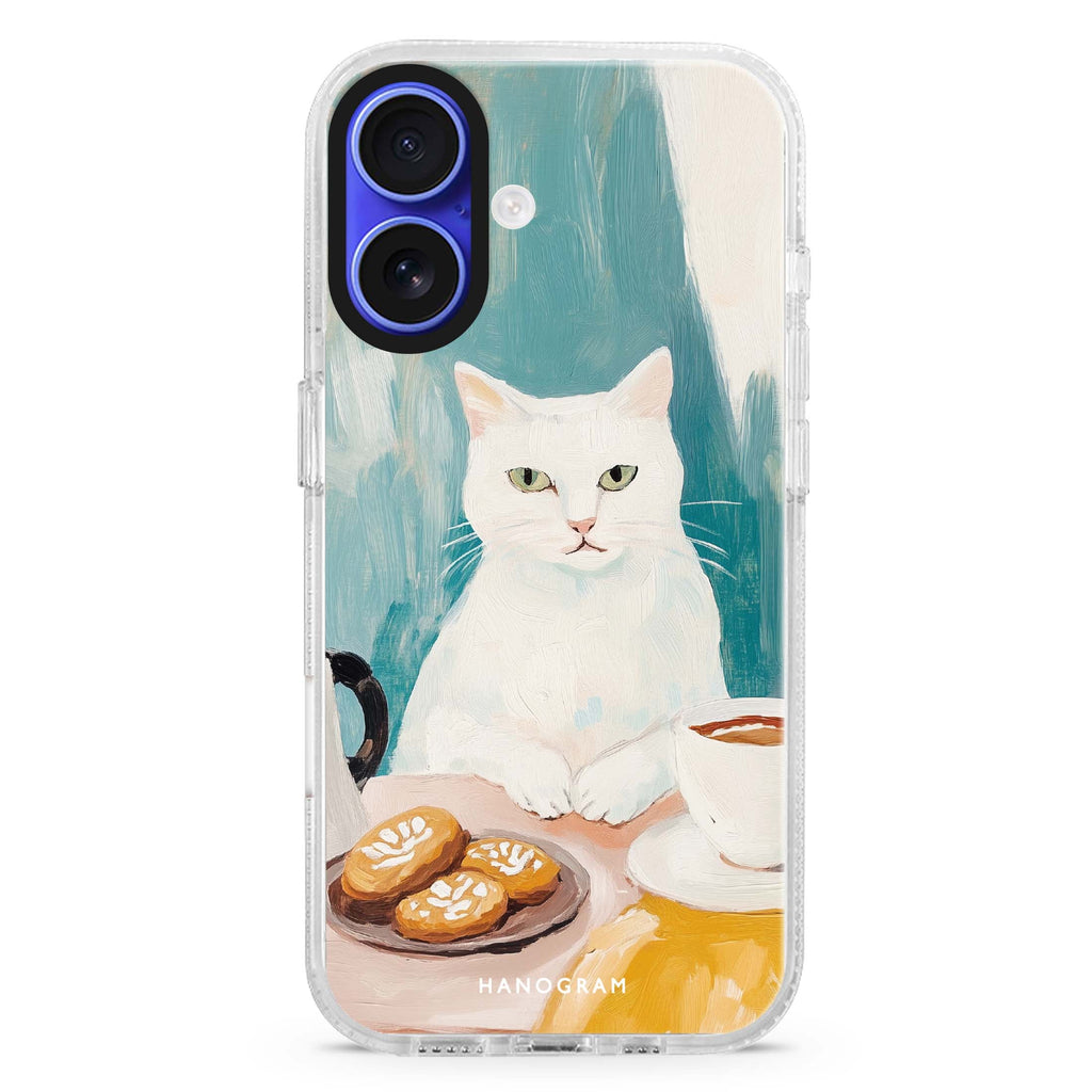 Coffee with Whiskers iPhone 16 and 16 Plus ultra clear case, transparent food artwork, front product view
