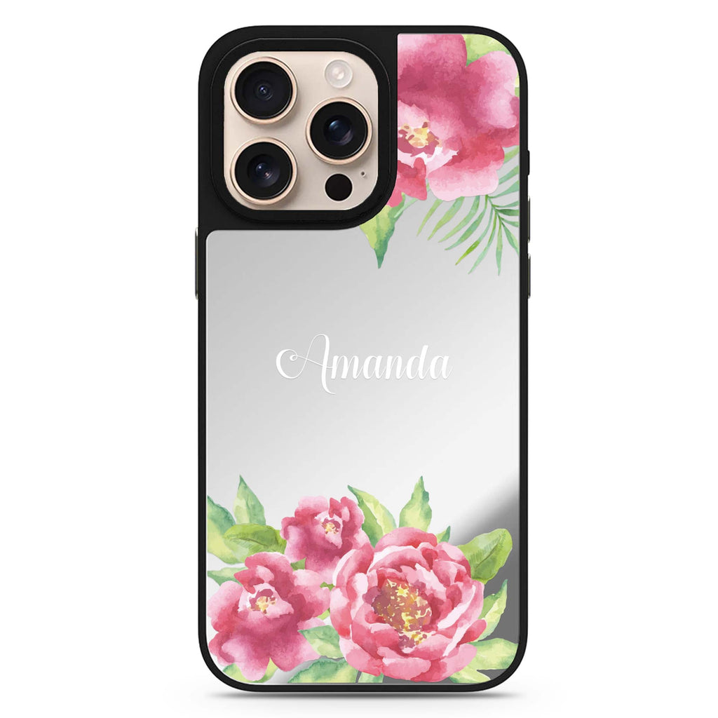 Watercolor Paeonia personalized name art-inspired design iPhone 16/15/14 Pro Max & Pro mirror case