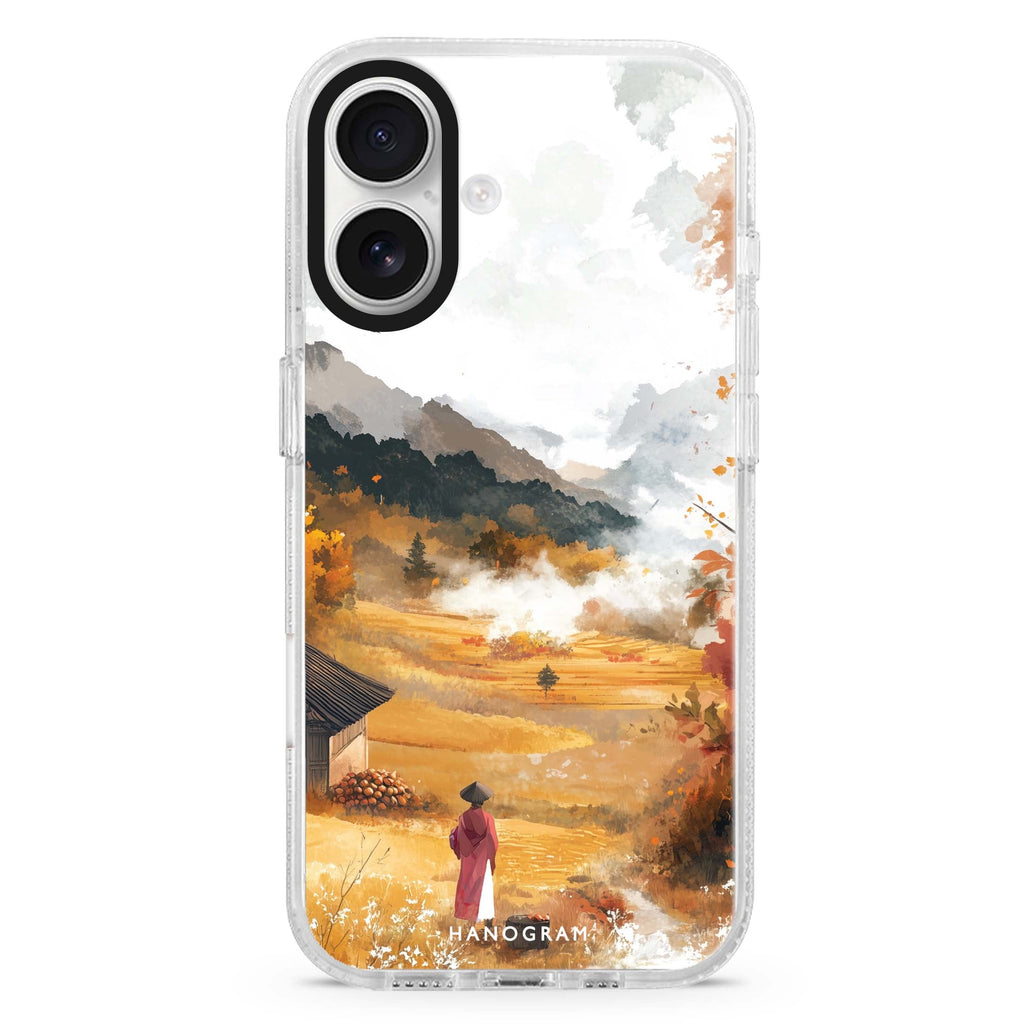 Autumn Splendor iPhone 16 and 16 Plus ultra clear case, transparent graphic artwork, front product view