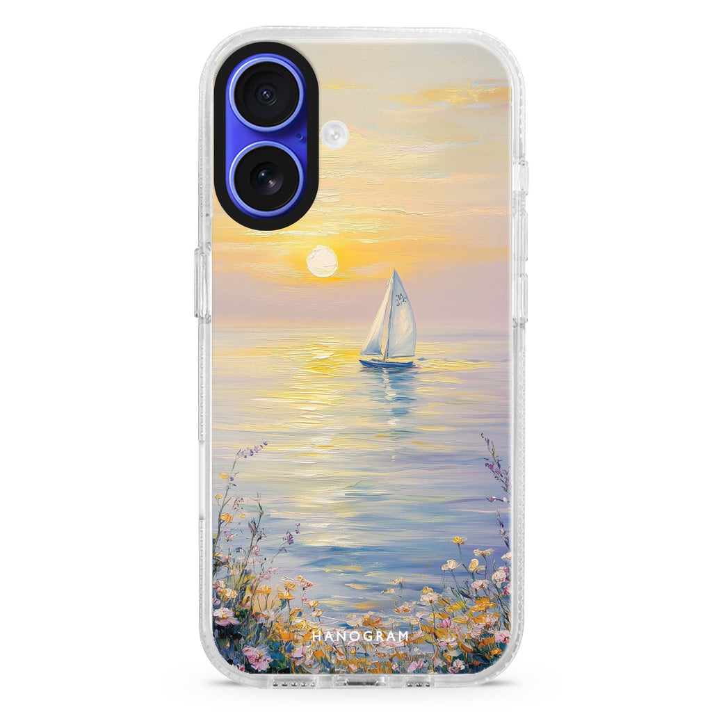 Serene Dawn iPhone 16 and 16 Plus ultra clear case, transparent graphic artwork, front product view