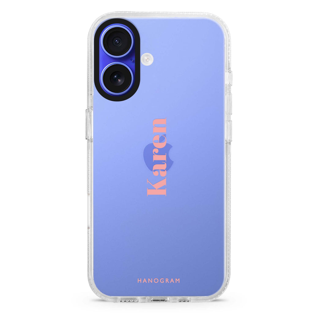 YourName Club custom name iPhone 16 and 16 Plus ultra clear case, transparent name artwork, front product view