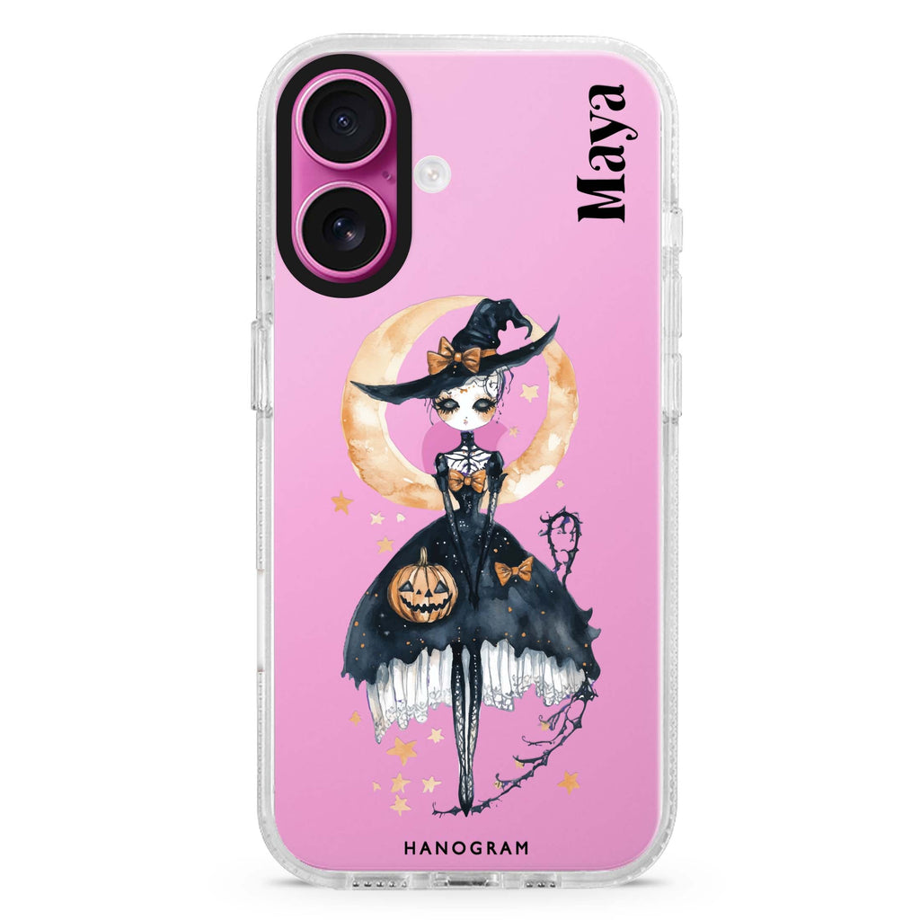 Mystic Witch Glow custom name iPhone 16 and 16 Plus ultra clear case, transparent graphic artwork, front product view