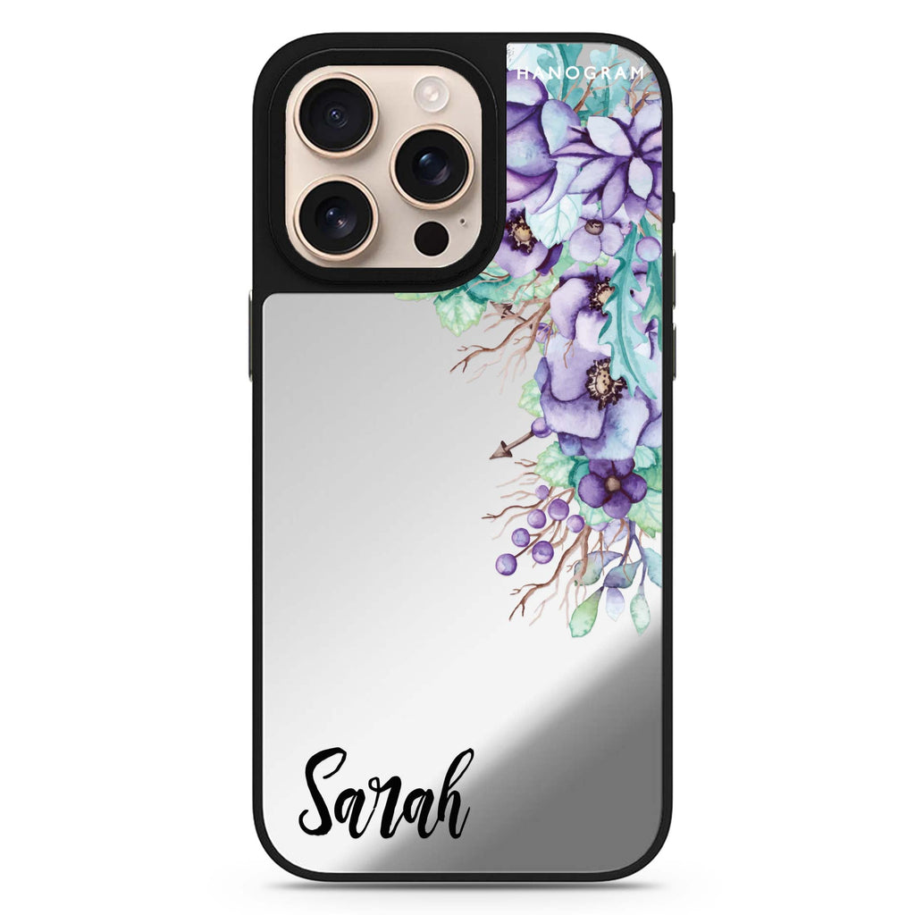 Purple Floral personalized name floral design iPhone 16/15/14 Pro Max & Pro mirror case