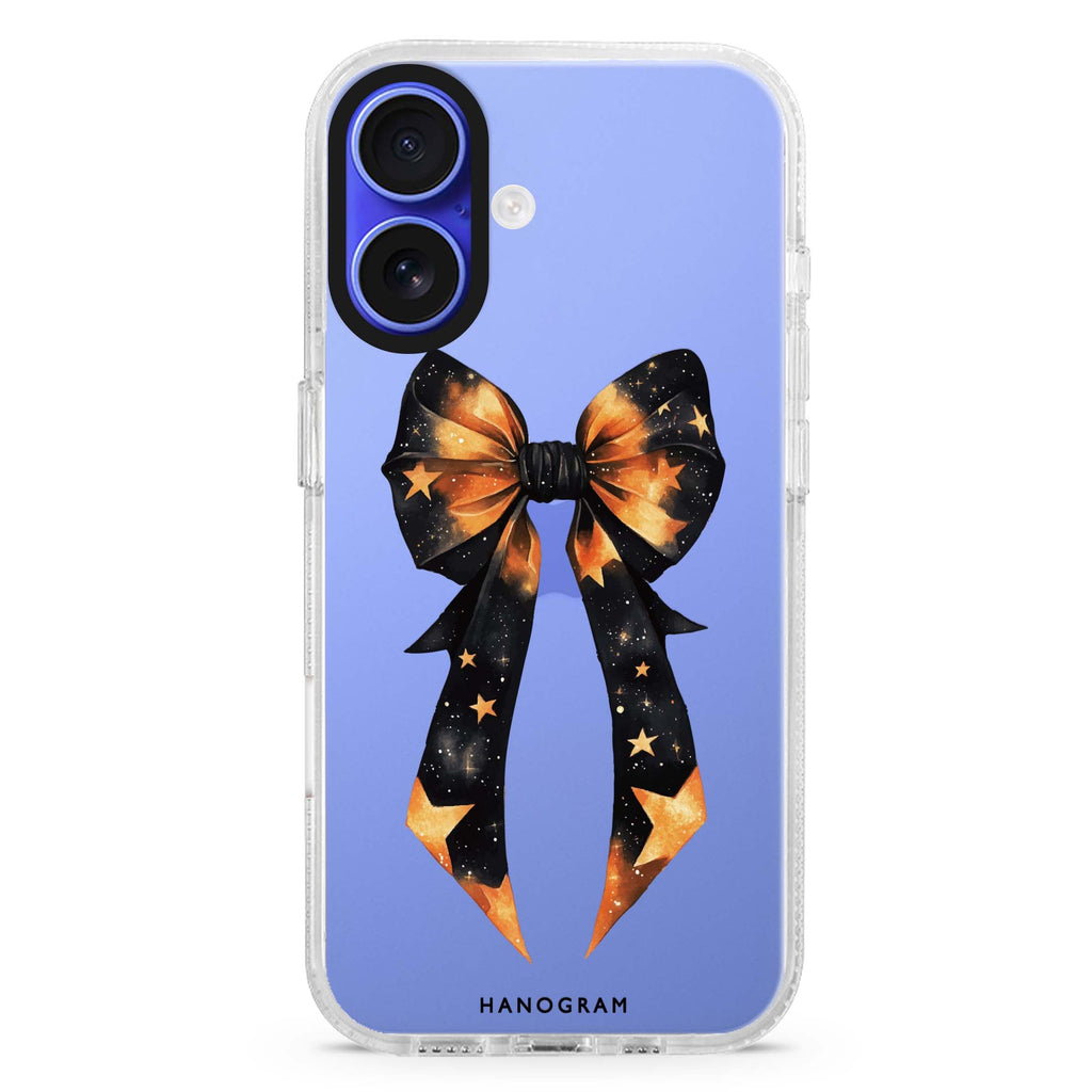 Bewitched Bows & Stars iPhone 16 and 16 Plus ultra clear case, transparent celestial artwork, front product view