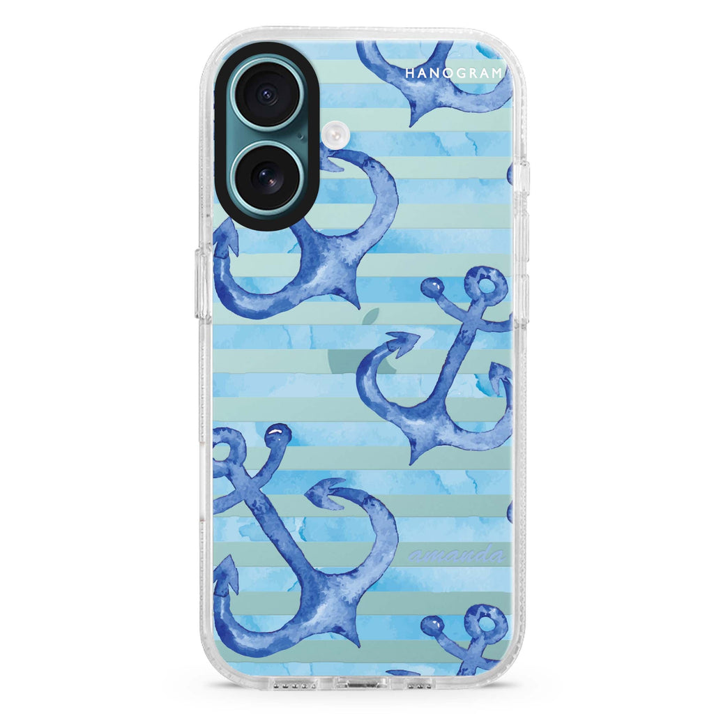 Blue Anchor custom name iPhone 16 and 16 Plus ultra clear case, transparent colorful artwork, front product view