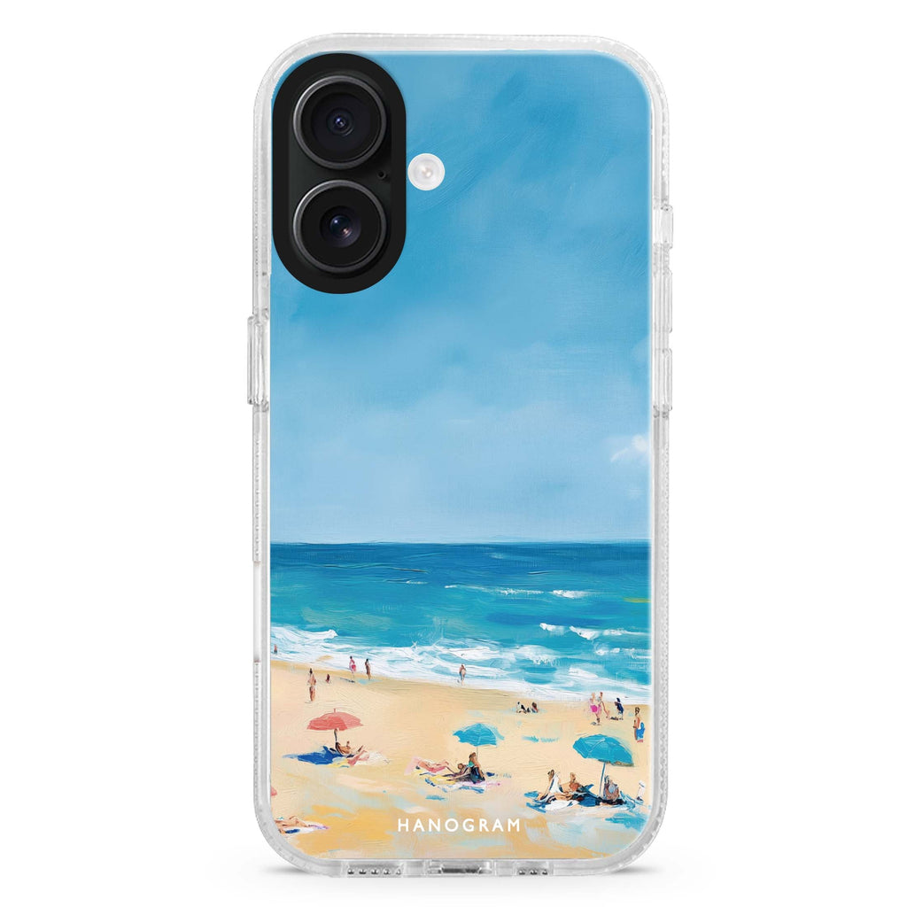 Sundown Shore iPhone 16 and 16 Plus ultra clear case, transparent celestial artwork, front product view
