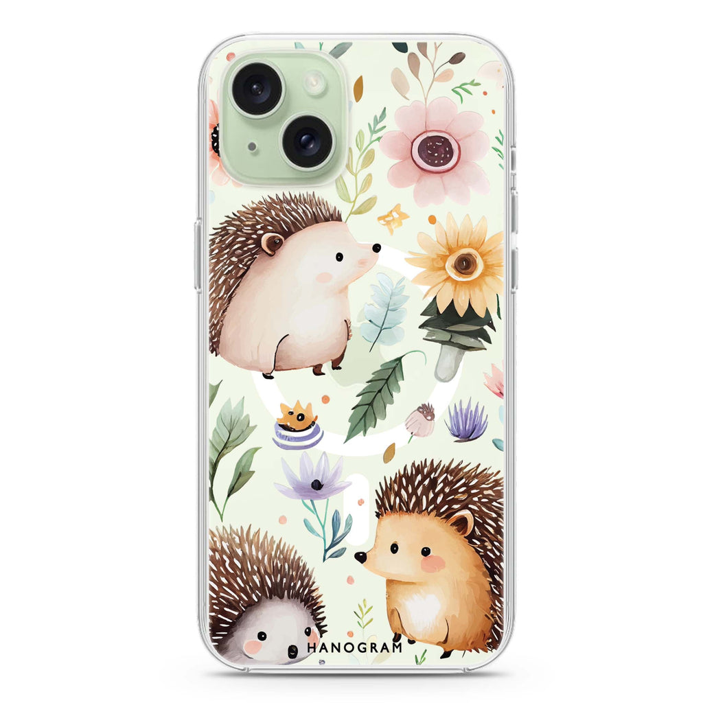 Hedgehog & Floral iPhone 15 Plus MagSafe Compatible Ultra Clear Case