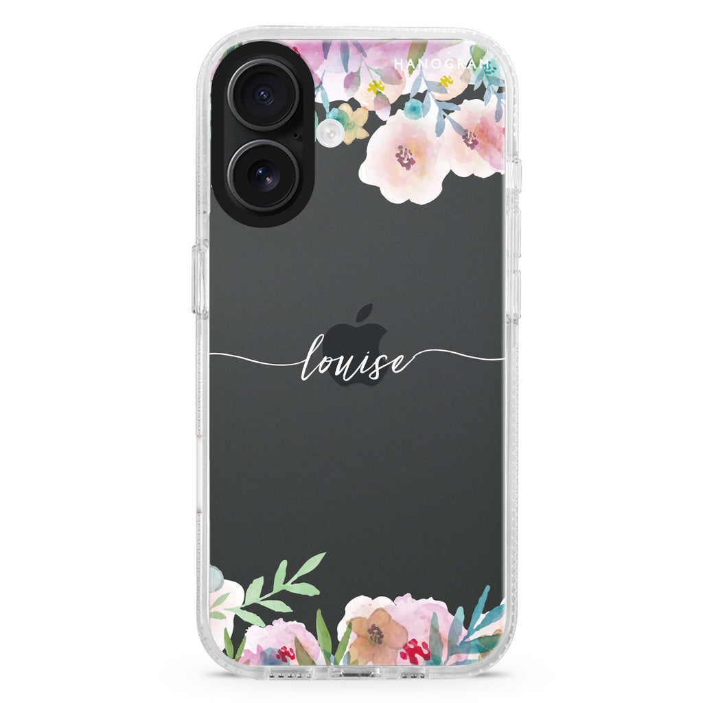 Art of Floral custom name iPhone 16 and 16 Plus ultra clear case, transparent floral artwork, front product view