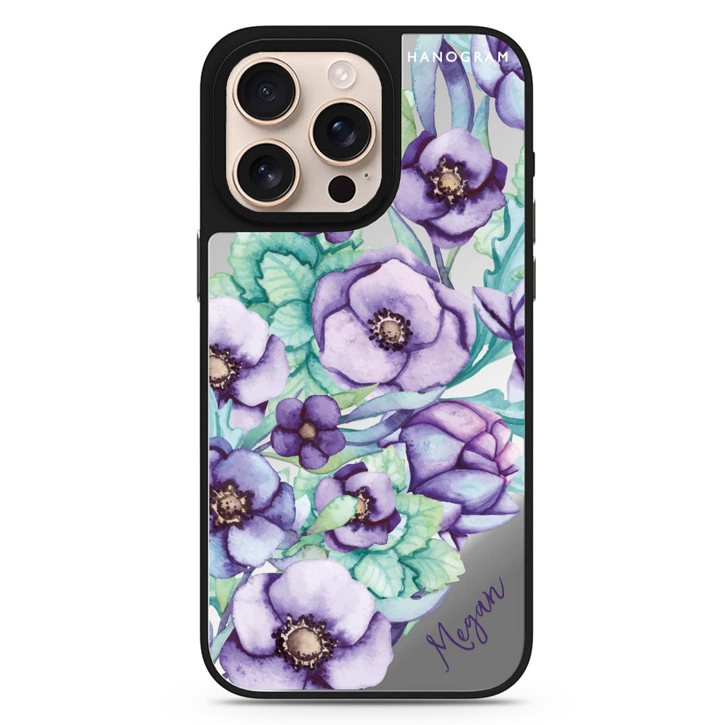 Purple Floral II personalized name floral design iPhone 16/15/14 Pro Max & Pro mirror case