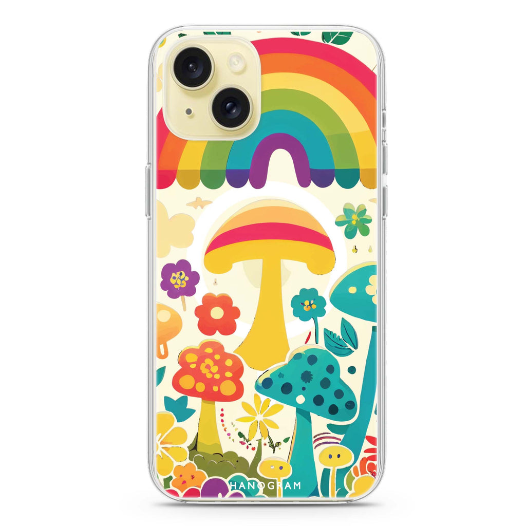Rainbow Mushroom Garden iPhone 15 Plus MagSafe Compatible Ultra Clear Case