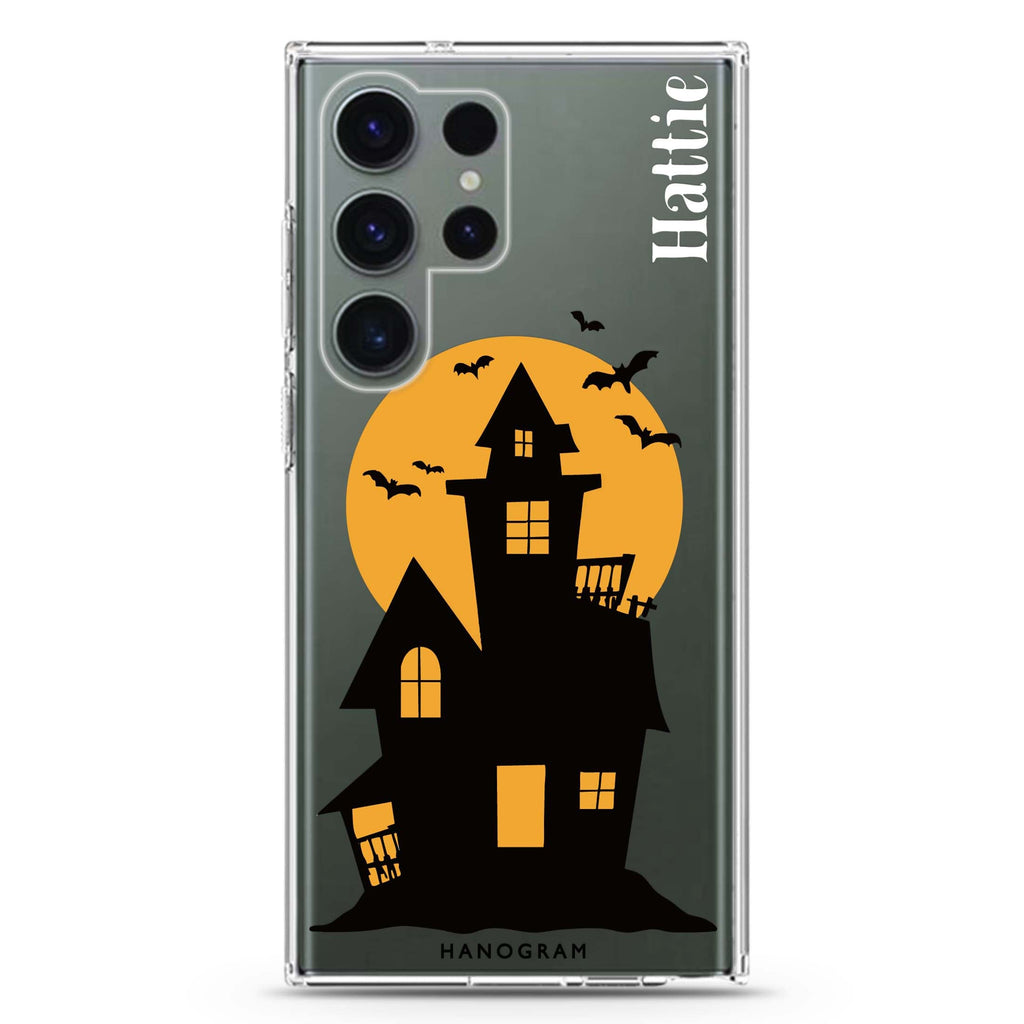 Moonlit Haunted personalized name Samsung Galaxy S26/S25/S24/S23/S22 Ultra ultra clear case, transparent design, main view