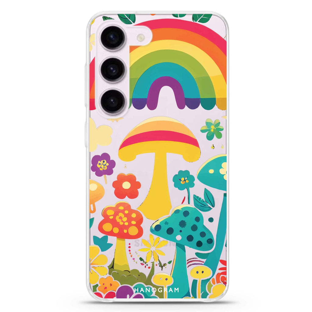 Rainbow Mushroom Garden ultra-clear case for Samsung Galaxy S23/S22, front view