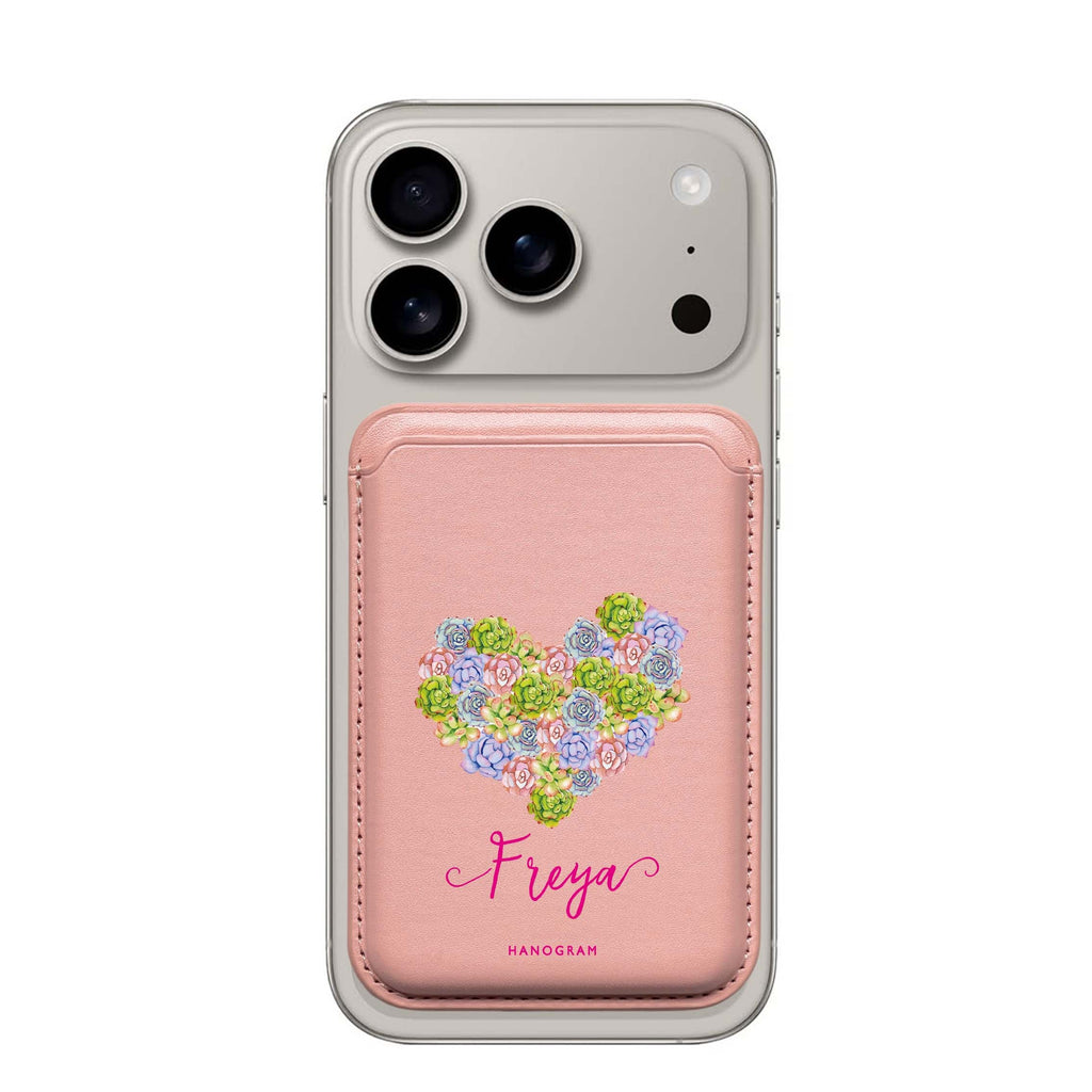 Floral Heart custom name MagSafe wallet for iPhone, personalized magnetic card holder, main view