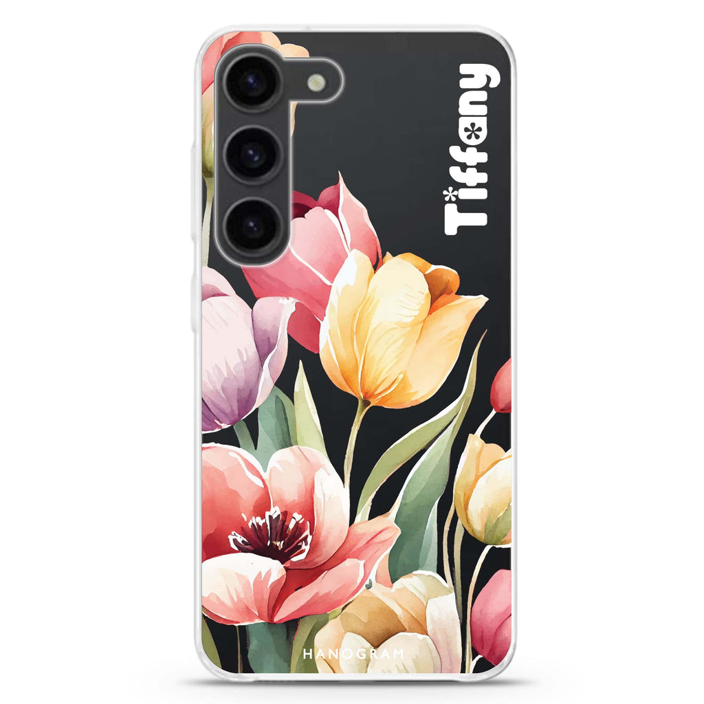Watercolor tulip personalized ultra-clear case for Samsung Galaxy S23/S22, front view