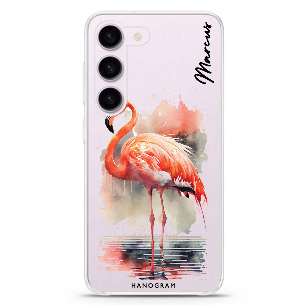 Flamingo in water personalized ultra-clear case for Samsung Galaxy S23/S22, front view