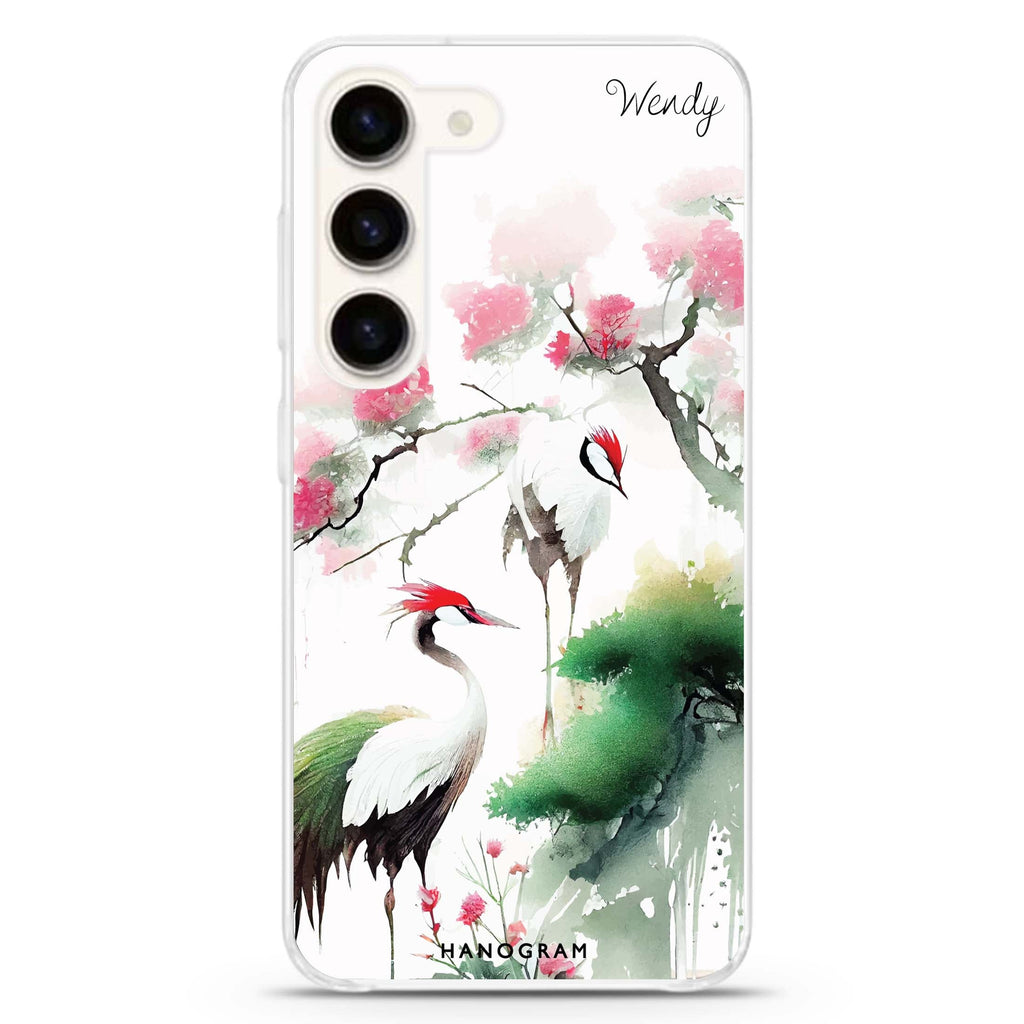 Pines & cranes personalized ultra-clear case for Samsung Galaxy S23/S22, front view