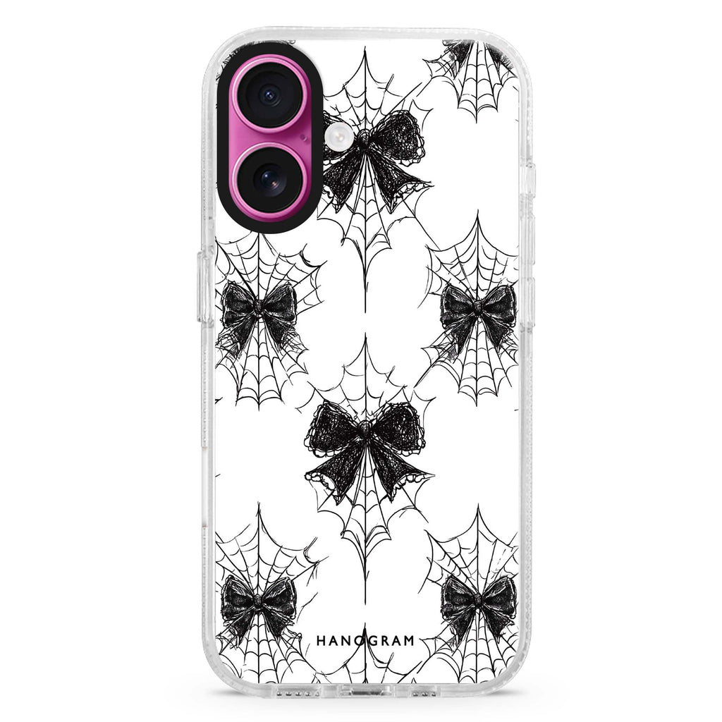 Gothic Web Lace iPhone 16 and 16 Plus ultra clear case, transparent graphic artwork, front product view