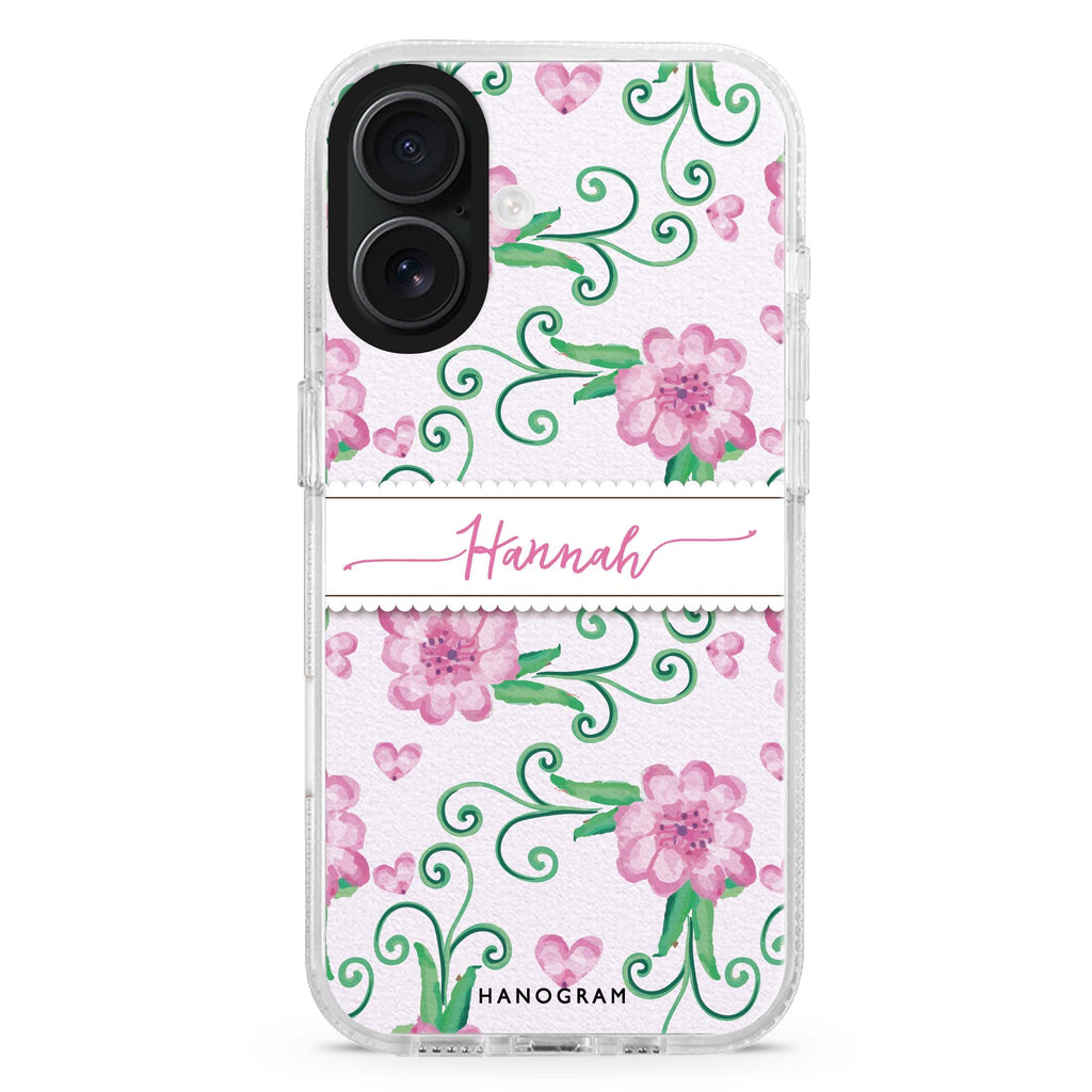 The Dancing Flower custom name iPhone 16 and 16 Plus ultra clear case, transparent floral artwork, front product view