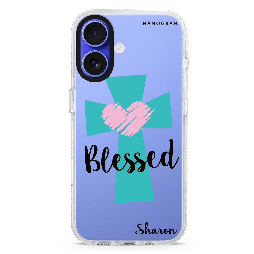 Blessed custom name iPhone 16 and 16 Plus ultra clear case, transparent graphic artwork, front product view