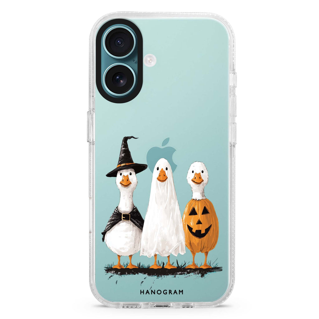 Goosey Ghouls iPhone 16 and 16 Plus ultra clear case, transparent graphic artwork, front product view