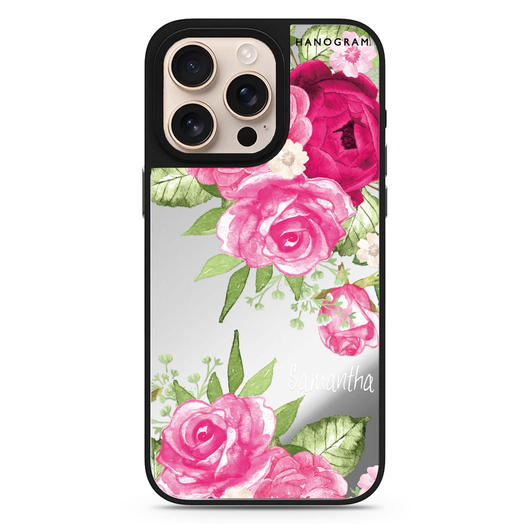 Watercolor Rose personalized name floral design iPhone 16/15/14 Pro Max & Pro mirror case