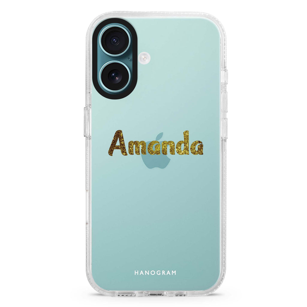 Glittering Gold custom name iPhone 16 and 16 Plus ultra clear case, transparent graphic artwork, front product view