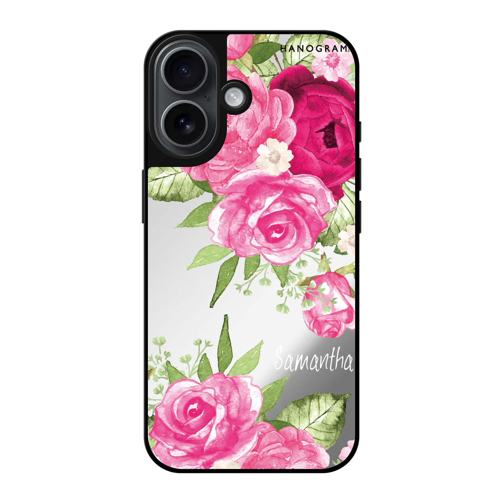 Reflective iPhone 16 Mirror Case –Watercolor Rose Design