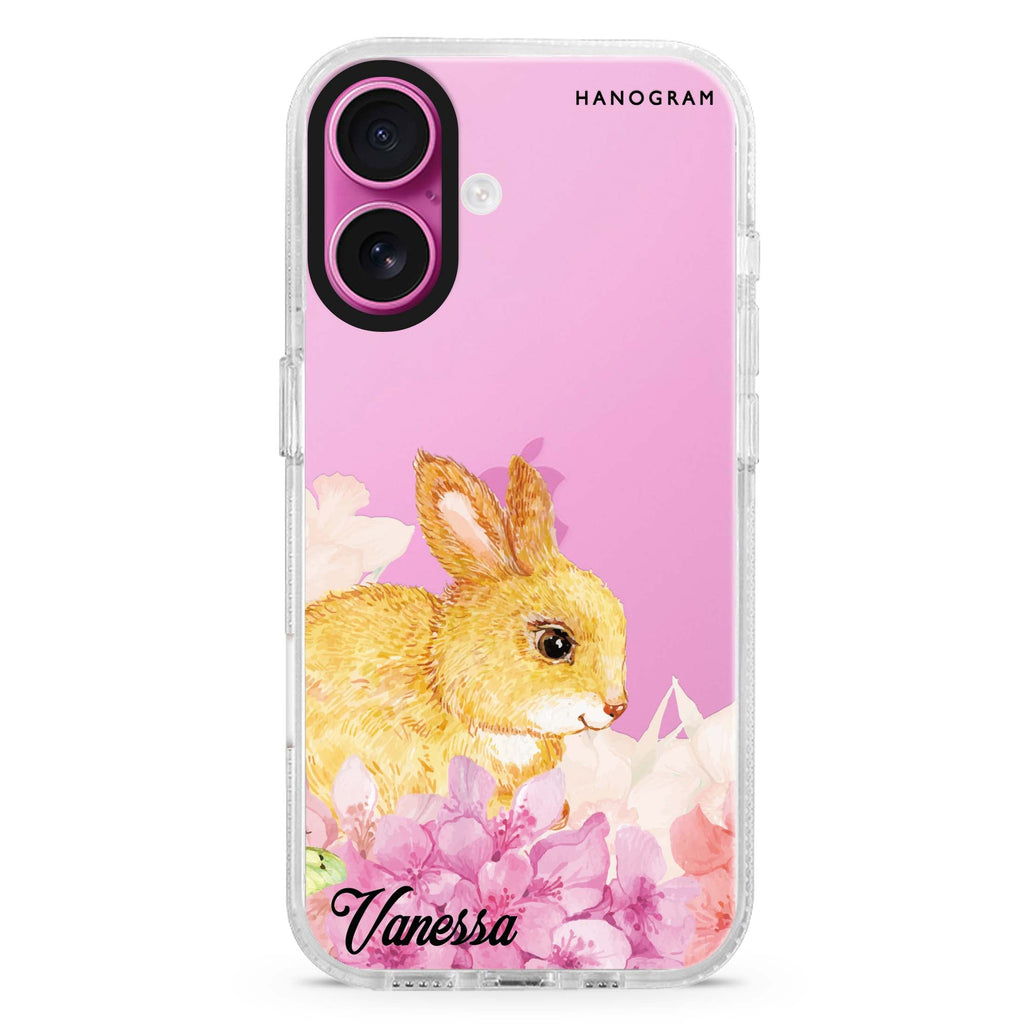 Bunny & Me custom name iPhone 16 and 16 Plus ultra clear case, transparent animal artwork, front product view