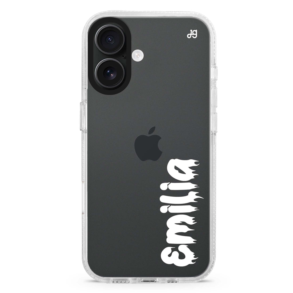 Haunted Name Glow custom name iPhone 16 and 16 Plus ultra clear case, transparent name artwork, front product view