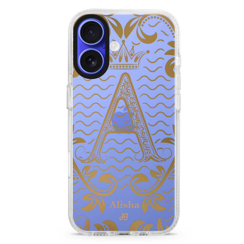 Royal Vintage Letter iPhone 16 and 16 Plus ultra clear case, transparent letter artwork, front product view