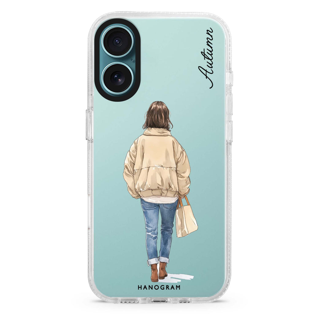 Everyday Stroll custom name iPhone 16 and 16 Plus ultra clear case, transparent graphic artwork, front product view
