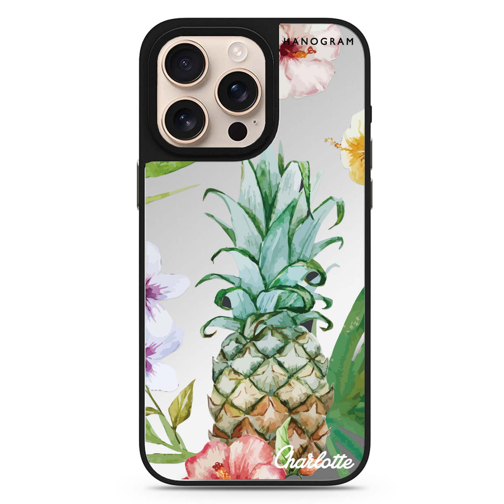 Pineapple & Floral personalized name floral design iPhone 16/15/14 Pro Max & Pro mirror case
