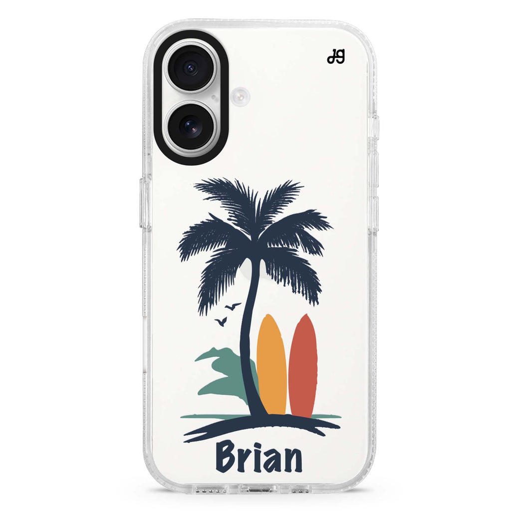 Palm & Board custom name iPhone 16 and 16 Plus ultra clear case, transparent beach artwork, front product view