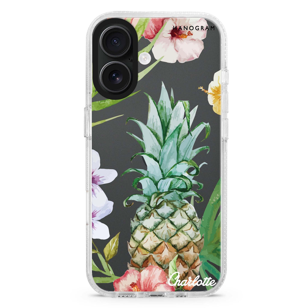 Pineapple & Floral custom name iPhone 16 and 16 Plus ultra clear case, transparent floral artwork, front product view