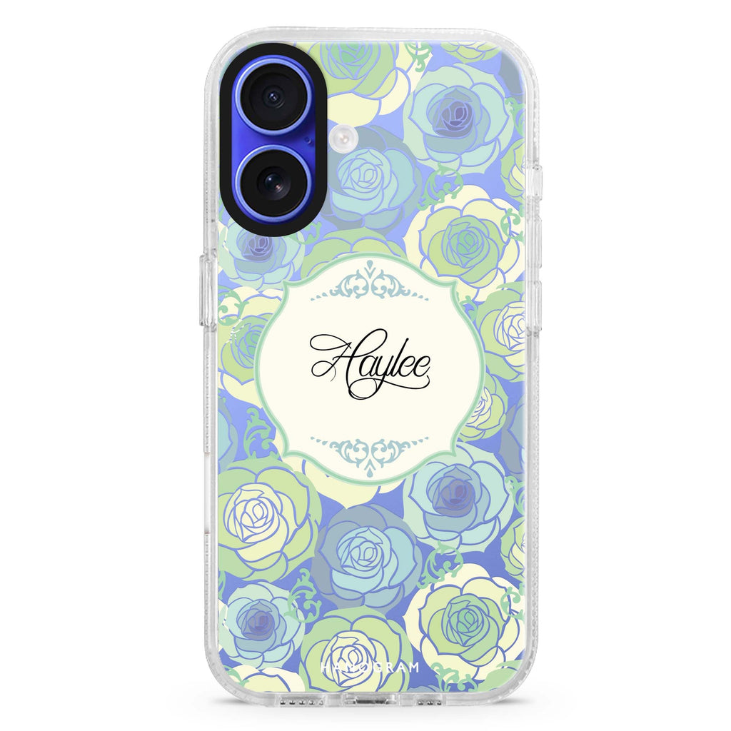 Art of Rose I custom name iPhone 16 and 16 Plus ultra clear case, transparent floral artwork, front product view