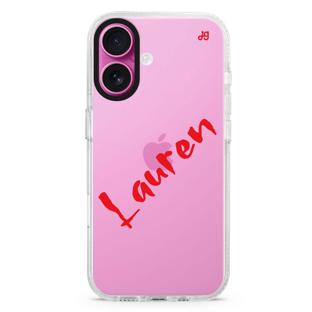 Spooky Custom Charm custom name iPhone 16 and 16 Plus ultra clear case, transparent name artwork, front product view