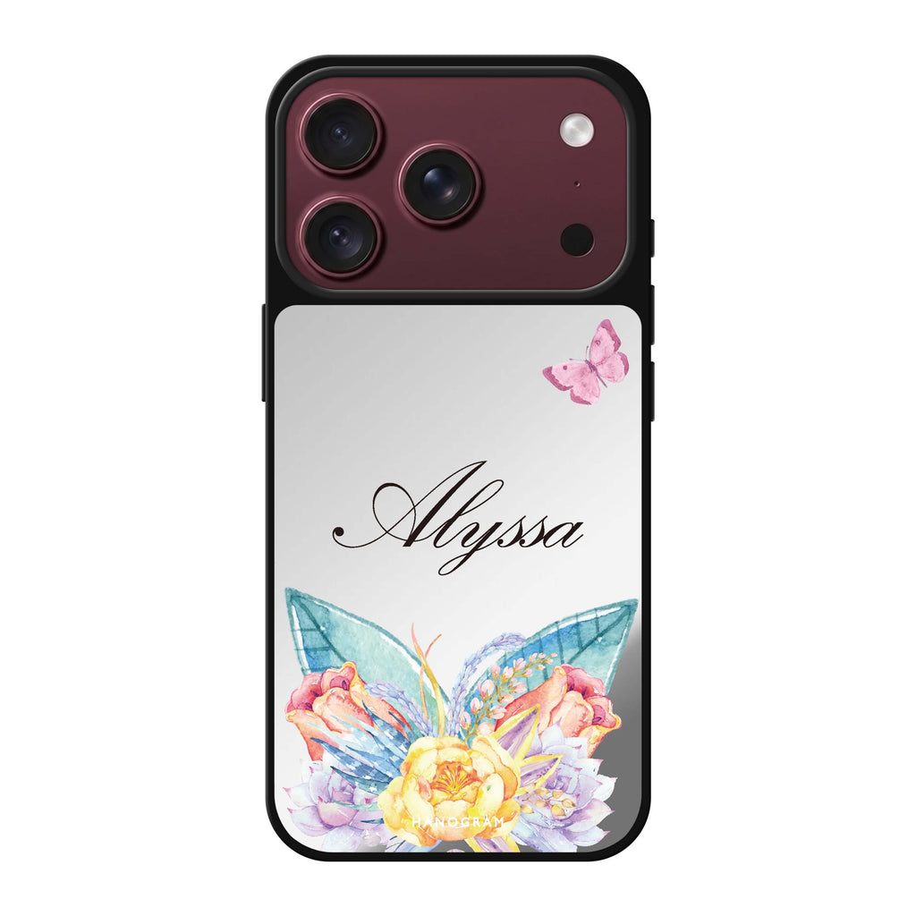 Butterfly and Abloom Rose personalized name pink butterfly flower animal iPhone 18 Pro Max mirror case