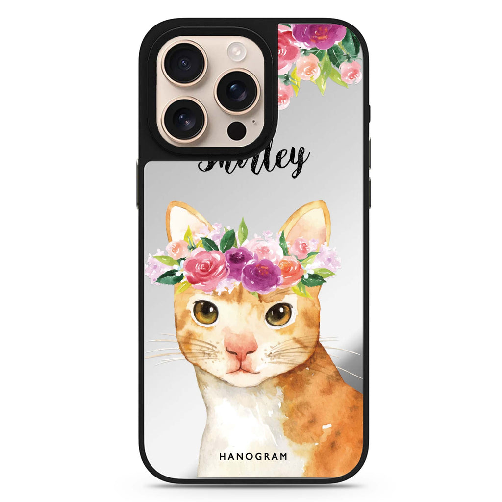 Floral and Cat personalized name cat design iPhone 16/15/14 Pro Max & Pro mirror case