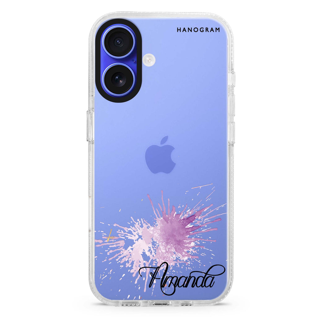 Paint Smash custom name iPhone 16 and 16 Plus ultra clear case, transparent artistic artwork, front product view