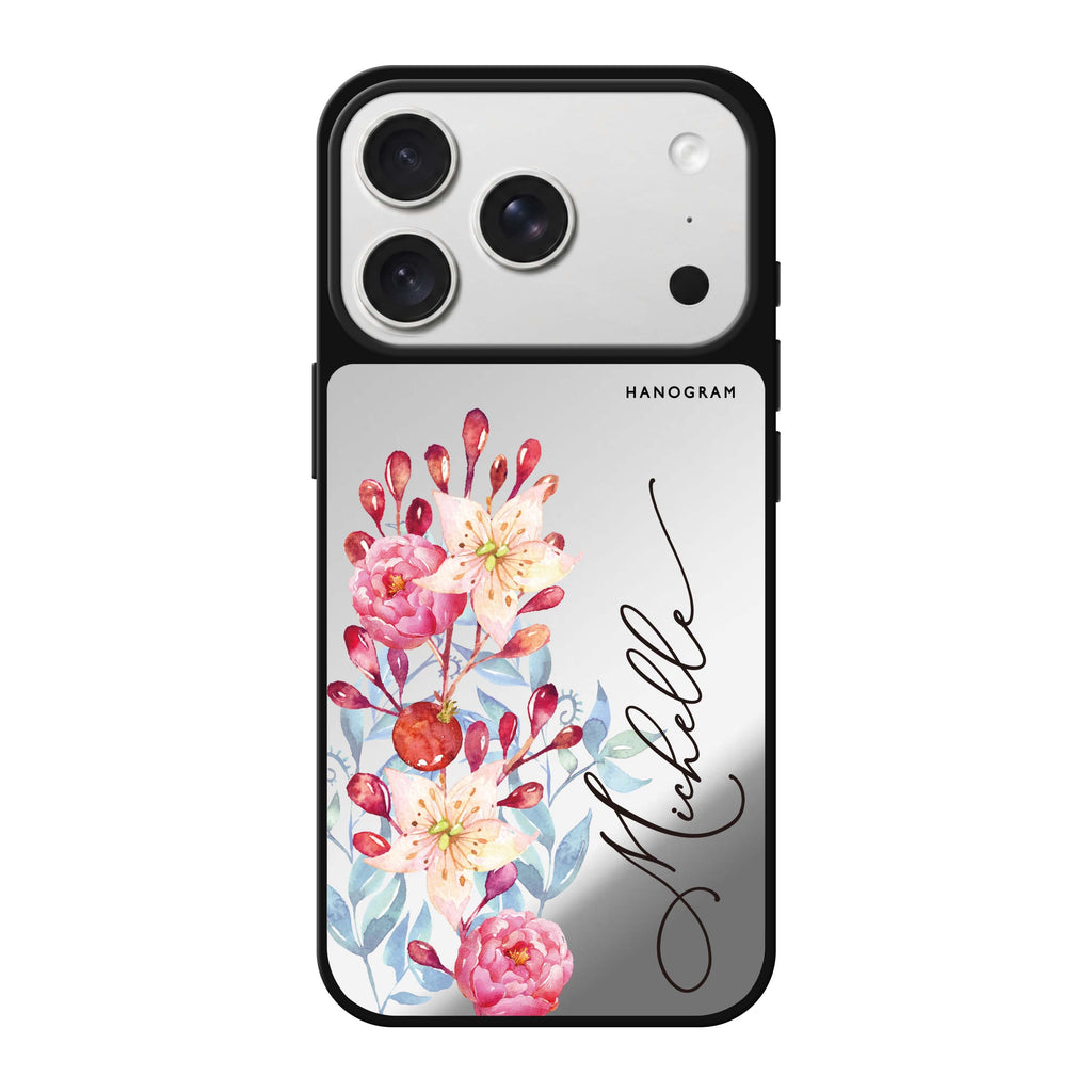 Pink Watercolor Floral Bouquet personalized name pink spring flower floral iPhone 18 Pro Max mirror case