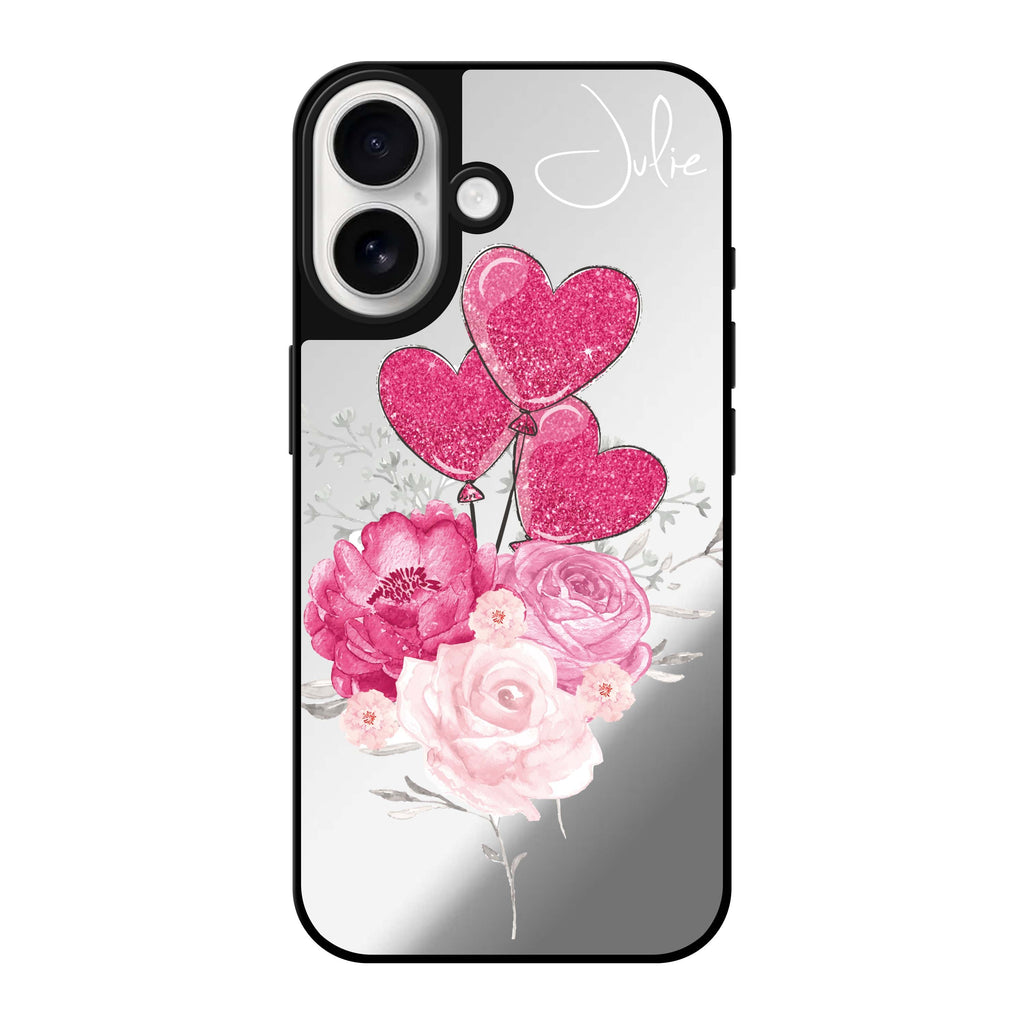Reflective iPhone 16 Mirror Case –Sweet Heart With Rose Design