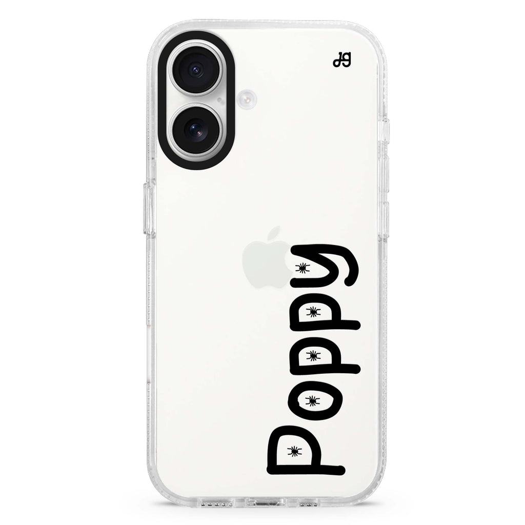 Haunted Lettering custom name iPhone 16 and 16 Plus ultra clear case, transparent name artwork, front product view