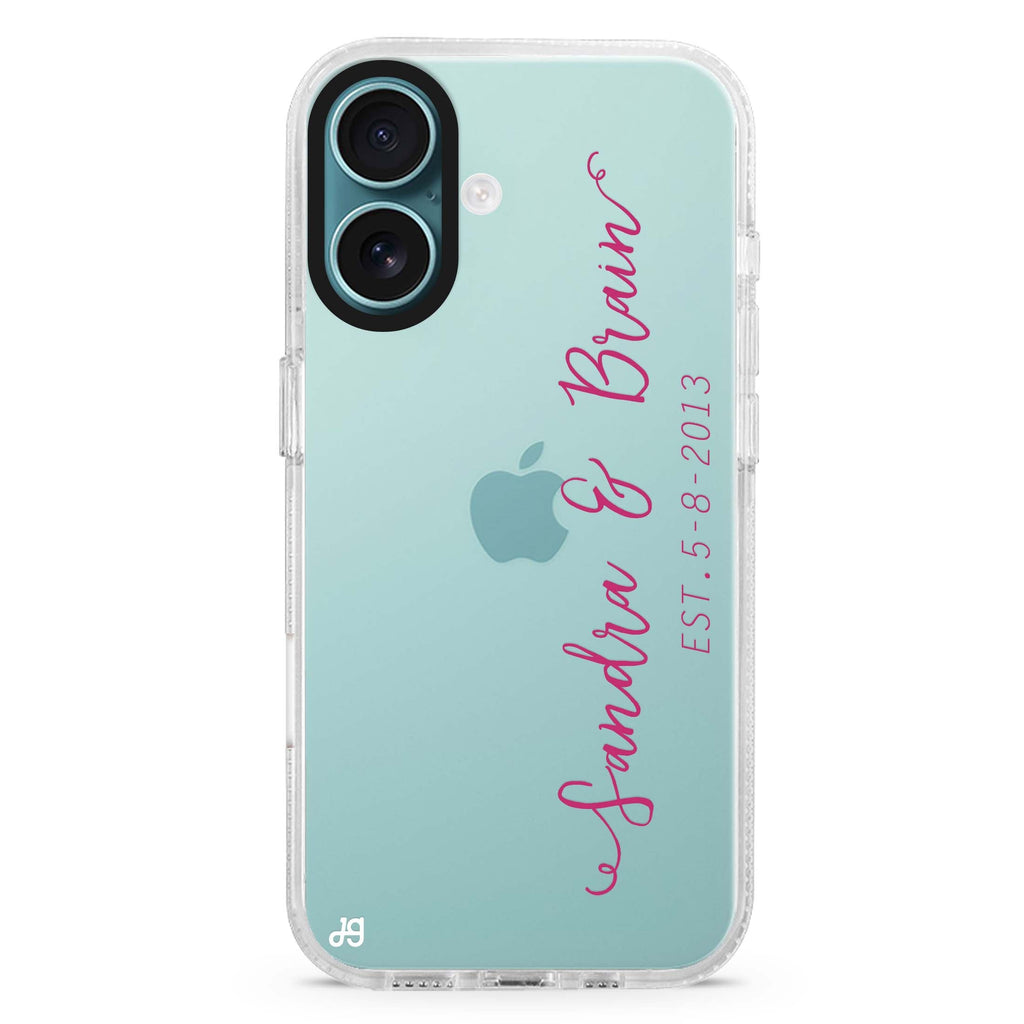 Memory custom name iPhone 16 and 16 Plus ultra clear case, transparent graphic artwork, front product view