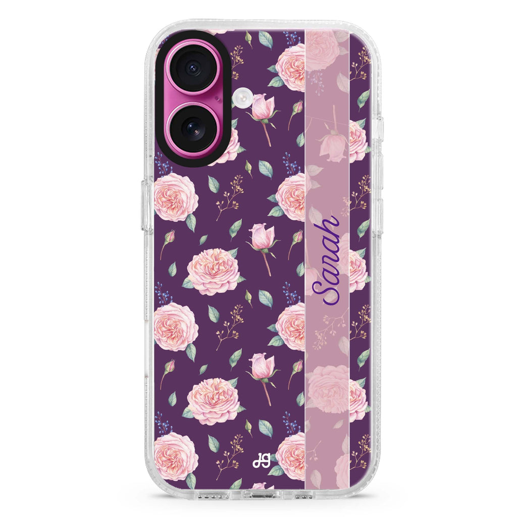 Naughty Purple custom name iPhone 16 and 16 Plus ultra clear case, transparent colorful artwork, front product view