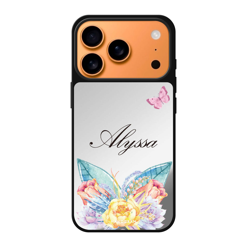 Butterfly and Abloom Rose personalized name pink butterfly flower animal iPhone 17 Pro Max mirror case