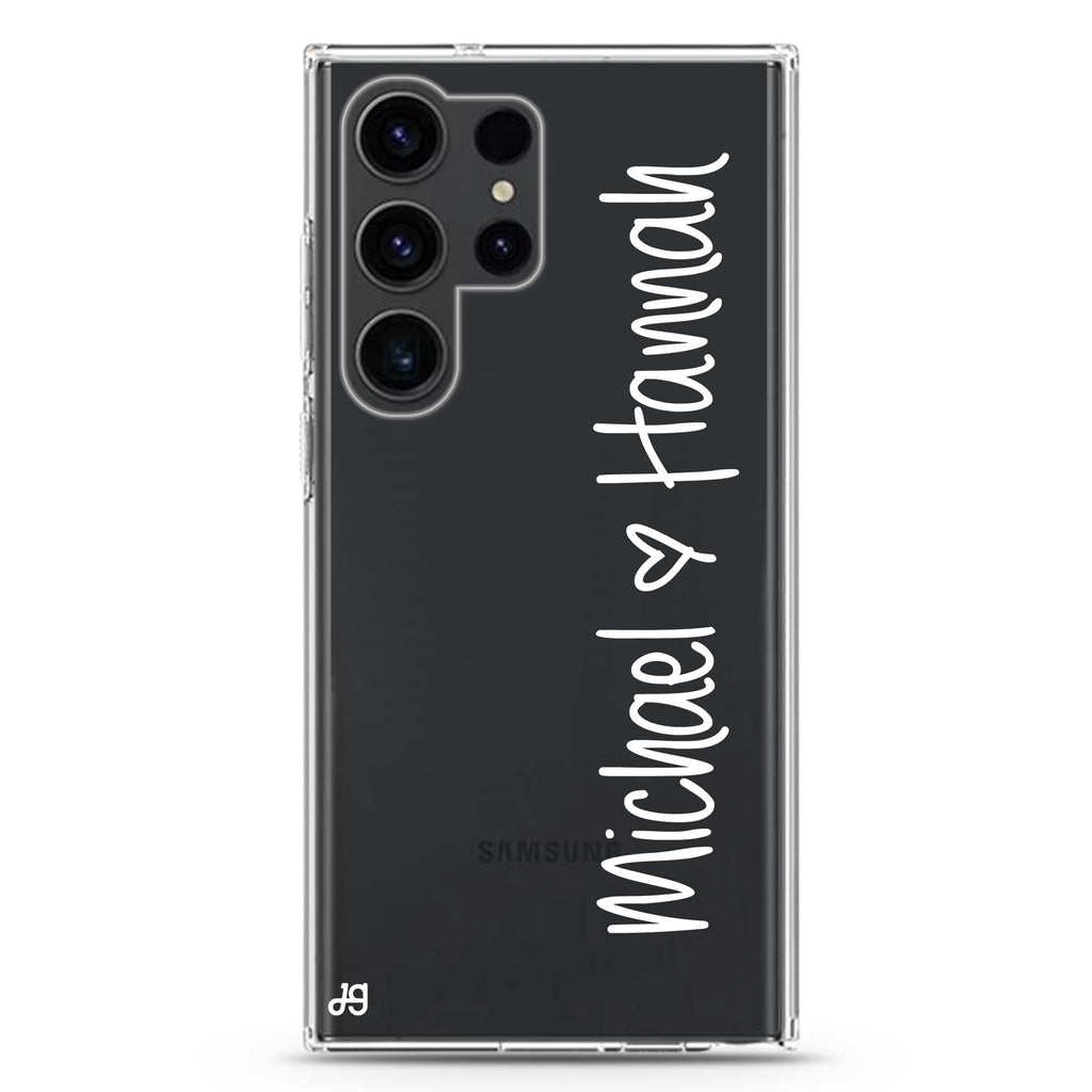 Vertical Names personalized name Samsung Galaxy S26/S25/S24/S23/S22 Ultra ultra clear case, transparent design, main view