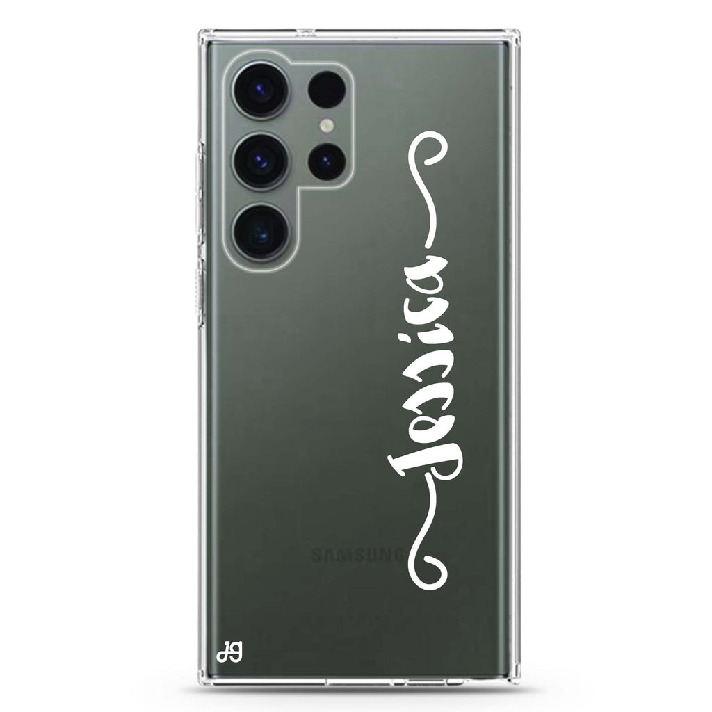 Casual Vertical personalized name Samsung Galaxy S26/S25/S24/S23/S22 Ultra ultra clear case, transparent design, main view