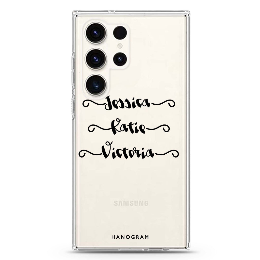 Triple personalized name Samsung Galaxy S26/S25/S24/S23/S22 Ultra ultra clear case, transparent design, main view