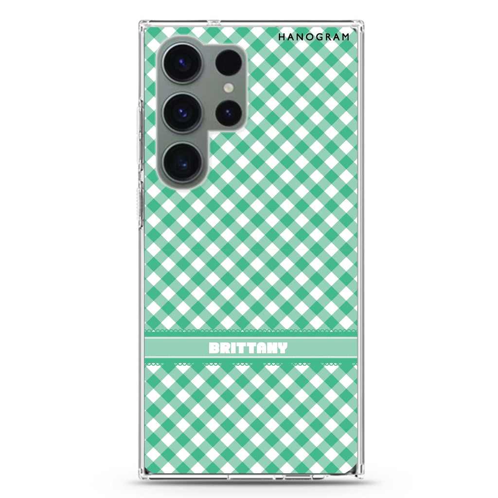 Lovely Green personalized name Samsung Galaxy S26/S25/S24/S23/S22 Ultra ultra clear case, transparent design, main view
